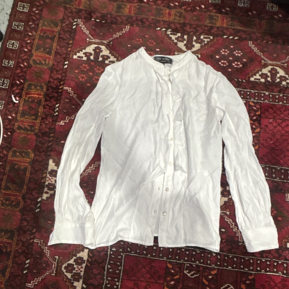Max Studio London Womens XS White Solid Collared Long Sleeve Button-Up Blouse
